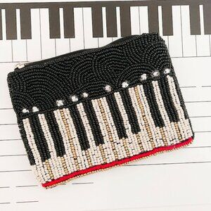 Piano Player Keyboard Black Seed Beaded Music Lovers Coin Pouch Purse Bag NEW